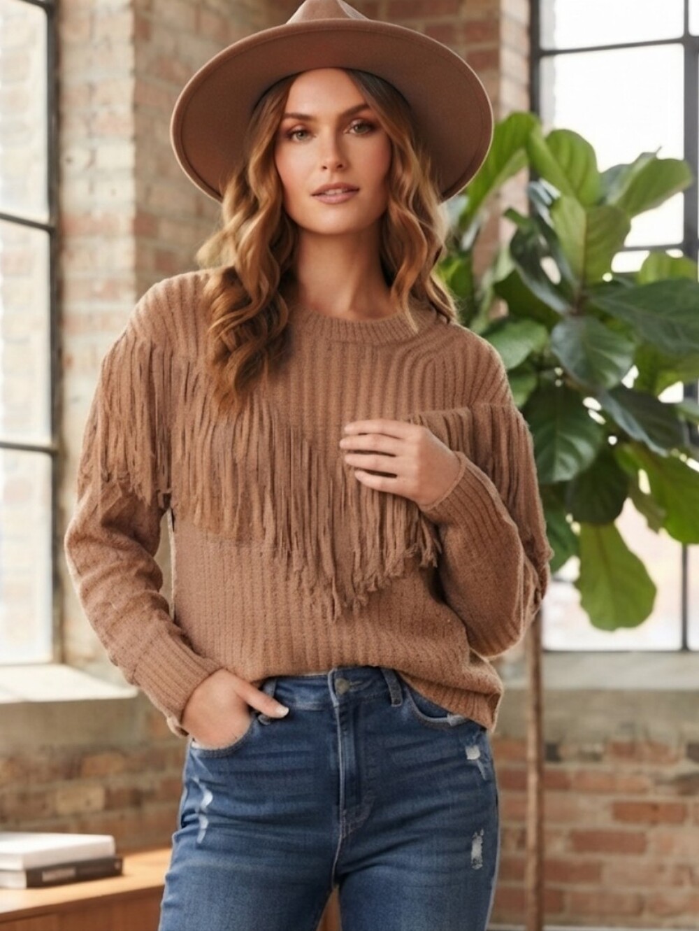No Boundaries Mocha Western Cowgirl Fringe Knit Sweater Juniors Large (11-13)
